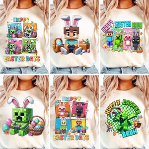 May include: Beige t-shirts with colorful Easter-themed graphics. Designs include pixelated characters with bunny ears, Easter eggs, and the phrases "Happy Easter Days" and "Happy Easter Bruh."