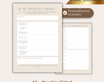 May include: A5 double-sided memory aid with fill-in-the-blank sections for personal information and emergency contacts. The beige pages have text in black, with a heading that reads "If My Memory Fades..." and "Personalisation Available" text.
