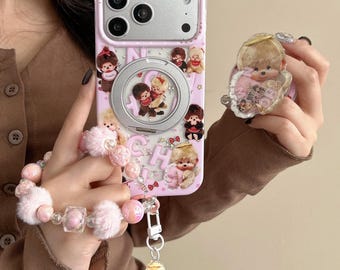 Pink Monchhichi MagSafe Case with 3D Grip & Pom Pom Charm, Kawaii Protection Cover iPhone 17 16 15 14 13 Pro Max, Aesthetic Vintage Monkey