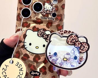 Brown Leopard Hello Kitty MAGSAFE Case, Liquid Shaker Grip, Beaded Charm, Y2K Kawaii Animal Print Phone Cover, iPhone 17 16 15 14 13 Pro Max