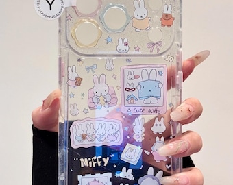 Pastel Miffy Clear Case with Pink Bead Charm, Kawaii Glitter White Cover iPhone 17 16 15 14 13 Pro Max, Y2K Coquette Cute Gift Set