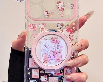 Kawaii Hello Kitty Case with Mirror Grip & Charm, Pink Coquette Clear Cover iPhone 17 16 15 14 13 Pro Max, Y2K Sanrio Aesthetic Gift