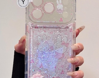 Kawaii Character Clear Case with Beaded Charm, Y2K Clear Glitter Bunny Cover iPhone 17 16 15 14 13 Pro Max, Kawaii Coquette Gift for Her