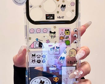Pochacco Case with Beaded Charm, Kawaii Y2K Clear Cover iPhone 17 16 15 14 13 Pro Max, Black Collage Phone Case, Coquette Aesthetic Gift