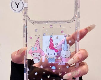 My Melody Hello Kitty Cinnamoroll Sanrio Clear Case with Beaded Charm, Kawaii Pink Clear Cover iPhone 17 16 15 14 13 Pro Max, Y2K Gift