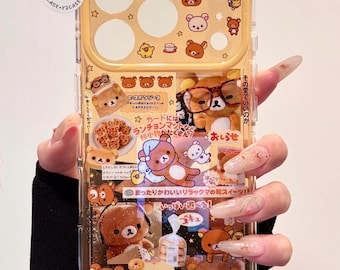 Kawaii Rilakkuma Bear Case with Charm, Clear Orange Collage Cover iPhone 17 16 15 14 13 Pro Max, Cute Japanese Anime Y2K Aesthetic Gift