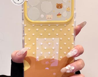 Yellow Rilakkuma Case with Beaded Charm, Kawaii Y2K Clear Cover iPhone 17 16 15 14 13 Pro Max, Cute Bear Polka Dot Aesthetic Gift Set