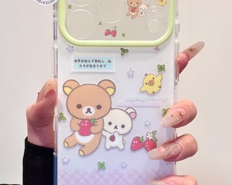 Kawaii rilakkuma Strawberry Phone Case with Charm, Clear Star Plaid Cover iPhone 17 16 15 14 13 Pro Max, Cute Japanese Anime Aesthetic Gift