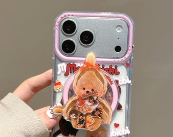 Kawaii Monchhichi MagSafe Case with 3D Grip Charm, Clear Pink Phone Cover iPhone 17 16 15 14 13 Pro Max, Aesthetic Vintage Monkey Gift Case