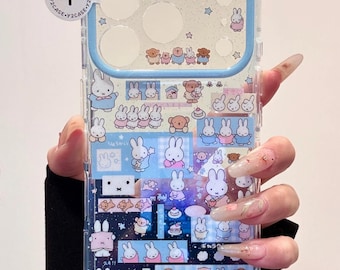 Kawaii Bunny Phone Case with Beaded Star Charm, Y2K Coquette Aesthetic Blue Clear Cover, iPhone 17 16 15 14 13 Pro Max, Cute Sticker Bomb
