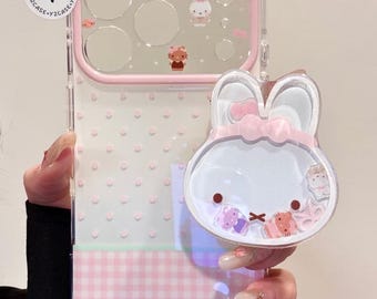 White Bunny Silicone Y2K Case with Bunny Grip & Charm, Kawaii Pink Clear Cover iPhone 17 16 15 14 13 Pro Max, Y2K Coquette Gift for Her Set!