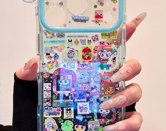 Retro Tamagotchi Glitter Case with Star Charm, Clear Blue Sticker Bomb Cover iPhone 17 16 15 14 13 Pro Max, Cute Kawaii Y2K Gamer Gift