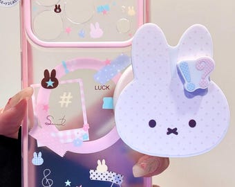 Kawaii Character MAGSAFE Case with Bunny Grip & Charm, Y2K Pink Clear Cover iPhone 17 16 15 14 13 Pro Max, Kawaii Coquette Cute Gift Set!!