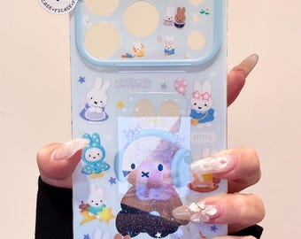 Adorable Miffy Blue Case with Beaded Charm, Kawaii Clear Cover iPhone 17 16 15 14 13 Pro Max, Y2K Coquette Aesthetic Gift for Her Bundle Set