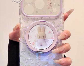 Kawaii Bunny Clear MAGSAFE Case with Grip & Charm, Lavender Floral Y2K Phone Cover iPhone 17 16 15 14 13 Pro Max, Y2K Coquette Cute Gift Set