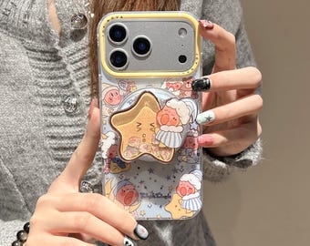 Kawaii Twinkle Sleepy Star MagSafe Case with Ring Stand & Liquid Shaker Grip, Aesthetic Pastel Protection Cover iPhone 17 16 15 14 13