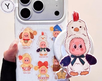 Cute Kawaii Character Case with Grip & Charm, Y2K White Pink Phone Cover iPhone 17 16 15 14 13 Pro Max, Kawaii Coquette Gift