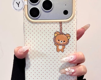 Rilakkuma Case with Beaded Charm, Kawaii Beige Y2K Aesthetic Clear Cover iPhone 17 16 15 14 13 Pro Max, Cute Coquette Gift for Teen Girls
