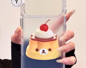 Étui à pouding Rilakkuma 3D avec breloque, étui transparent pour desserts kawaii pour iPhone 17 16 15 14 13 Pro Max, cadeau mignon de fille de l'an 2000 avec cuisine japonaise