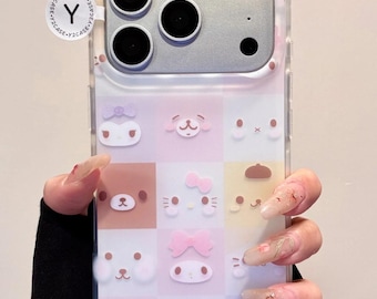 Kawaii Character Pink Case with Beaded Charm, Pastel Checkerboard Clear Cover iPhone 17 16 15 14 13 Pro Max, Y2K Coquette Gift for Her Set!