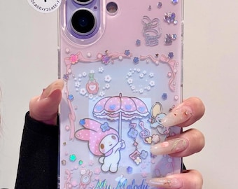 Étui à paillettes kawaii My Melody avec breloque, coque rose transparente pour iPhone 17 16 15 14 13 Pro Max, joli cadeau esthétique Sanrio Y2K