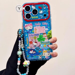 Y2K Hello Kitty Collage Phone Case with Beaded Charm, Kawaii Blue Star Glitter Cover iPhone 17 16 15 14 13 Pro Max, Cute Aesthetic Gift Case+Charm