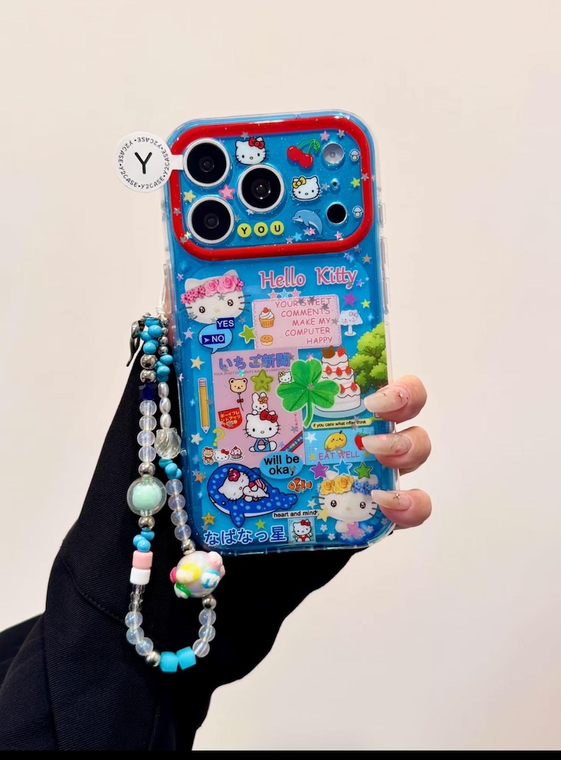 Y2K Hello Kitty Collage Phone Case with Beaded Charm, Kawaii Blue Star Glitter Cover iPhone 17 16 15 14 13 Pro Max, Cute Aesthetic Gift Case+Charm