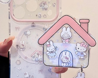 Hello Kitty Pink MAGSAFE Case with House Grip & Bead Charm, Sanrio Kawaii Pink Clear Cover iPhone 17 16 15 14 13 Pro Max, Y2K Coquette Gift