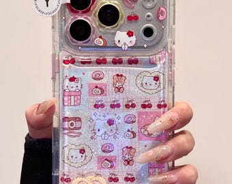 Kawaii Hello Kitty Liquid Glitter Wallet Case & Charm, Pink Red Card Holder Cover iPhone 17 16 15 14 13 Pro Max, Y2K Coquette Sanrio Gift