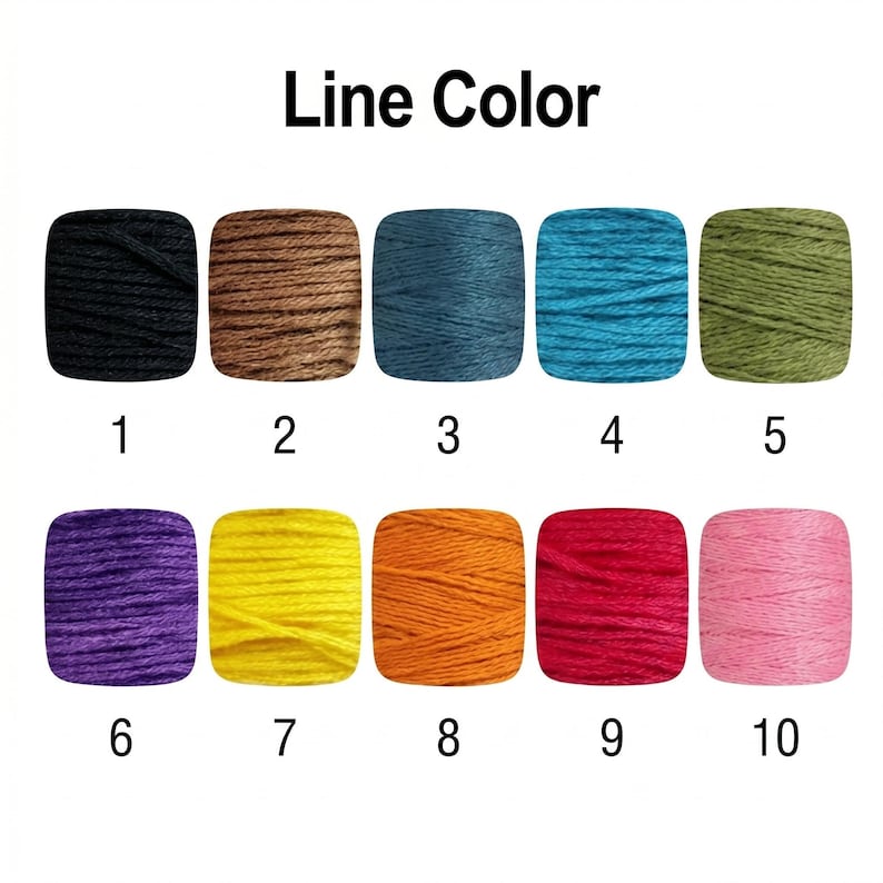 May include: Image showing ten spools of colored thread, each in a different color. The colors include black, brown, navy, turquoise, olive green, purple, yellow, orange, red, and pink. The text "Line Color" is at the top.