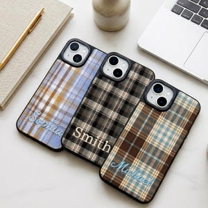 Custom Embroidered Name Phone Case: Personalized Plaid iPhone 17 16 15 14 Pro Max