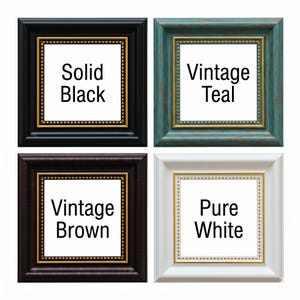 May include: Four square picture frames in different colors: solid black, vintage teal, vintage brown, and pure white. Each frame has a gold inner border and a white interior, with text indicating the color.