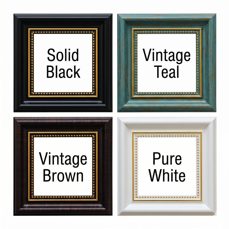 May include: Four square picture frames in different colors: solid black, vintage teal, vintage brown, and pure white. Each frame has a gold inner border and a white interior, with text indicating the color.