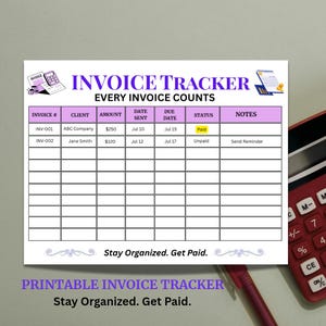 Może przedstawiać: Biały arkusz do śledzenia faktur z fioletowymi nagłówkami zatytułowany INVOICE TRACKER EVERY INVOICE COUNTS. Tabela zawiera kolumny na numer faktury, klienta, kwotę, datę wysłania, termin płatności, status oraz notatki z dwoma wpisami.