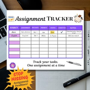 Puede incluir: Una hoja de seguimiento de tareas blanca con una fila de encabezado morada que contiene columnas para materia, tarea, fecha de entrega, prioridad, estado, entregado y notas. La hoja incluye entradas de texto para matemáticas e inglés y un bolígrafo.
