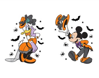 Retro Disney Mickey Daisy Halloween PNG, Vintage Spooky Season Clipart for Sublimation, Cute Witch Vampire Bat Orange Costume PNG