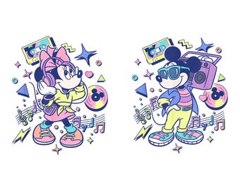Retro Disney Mickey Minnie 90s PNG, Vintage Cassette Boombox Clipart for Sublimation, Neon Rad Totally 80s Hip Hop Music Party PNG