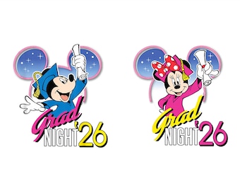 Retro Disney Mickey Minnie Grad Night 2026 PNG, Vintage Graduation Cap Clipart for Sublimation, Senior Class of 2026 School Travel PNG