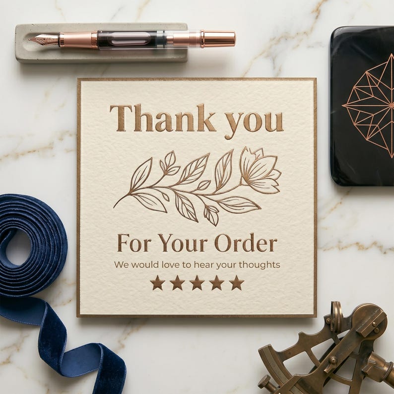 May include: A square cream-colored card with gold foil text reading Thank you For Your Order and We would love to hear your thoughts, featuring a central floral illustration and five gold stars, accompanied by a fountain pen and ribbon.