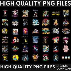Op de afbeelding: Een verzameling van hoogwaardige digitale PNG-bestanden met diverse kleurrijke grafische illustraties van klassieke stripfiguren, waaronder muizen, eenden en beren, met bijbehorende tekstelementen, gerangschikt in een raster op een zwarte achtergrond.