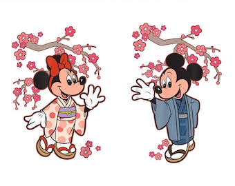 Retro Disney Mickey Minnie Japan PNG, Vintage Kimono Cherry Blossom Clipart for Sublimation, Sakura Tokyo Vacation Family Trip PNG