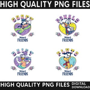 Retro Disney Mickey Friends PNG Bundle, Vintage Y2K Goofy Donald Duck Clipart for Sublimation, Disco Heart Daisy Pluto Varsity Font PNG