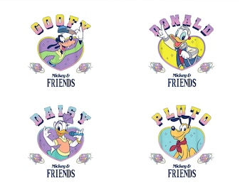 Retro Disney Mickey Friends PNG Bundle, Vintage Y2K Goofy Donald Duck Clipart for Sublimation, Disco Heart Daisy Pluto Varsity Font PNG