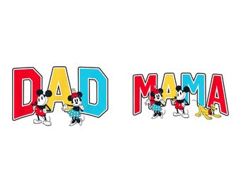 Retro Disney Mickey Minnie Dad Mama PNG, Vintage Clipart for Sublimation, College Varsity Font Parents Family Vacation Matching PNG