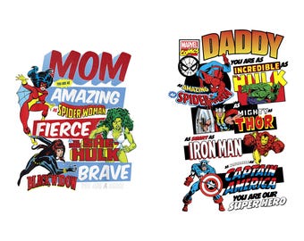 Retro Marvel Superhero PNG Bundle Digital Download, Avengers Mom and Daddy Clipart for Sublimation, Vintage Father Mother Day Gift PNG
