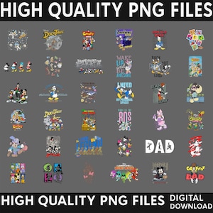 May include: A collection of thirty-five digital graphic designs featuring various Disney characters including Mickey Mouse, Donald Duck, and Goofy. The images include colorful illustrations, text elements, and character groupings arranged in a grid format.