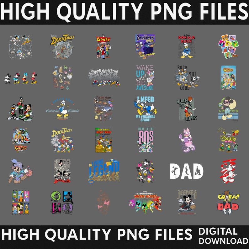 May include: A collection of thirty-five digital graphic designs featuring various Disney characters including Mickey Mouse, Donald Duck, and Goofy. The images include colorful illustrations, text elements, and character groupings arranged in a grid format.