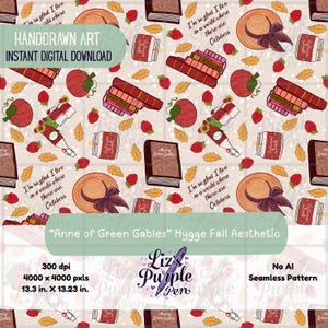 May include: A seamless digital pattern featuring illustrations of straw hats with dark ribbons, stacks of books, pumpkins, red berries, autumn leaves, candles, and the text I'm so glad I live in a world where there are Octobers on a light background.