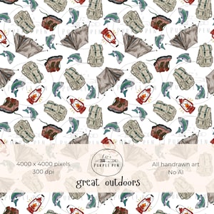 May include: A repeating pattern of hand-drawn outdoor gear including beige backpacks, brown hiking boots, grey tents, red lanterns, and green fish on a white background. The image includes text reading Liz's PURPLE PEN, 4000 x 4000 pixels, 300 dpi, All handrawn art, No AI, and great outdoors.