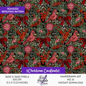 May include: A seamless repeating pattern featuring red cardinals, poinsettias, red bows, and holly berries on a black background. Text includes SEAMLESS REPEATING PATTERN, Christmas Cardinals, 3600 X 3600 PIXELS, 300 DPI, 13.3 X 13.3 INCHES, HANDDRAWN ART, NO AI, INSTANT DOWNLOAD.